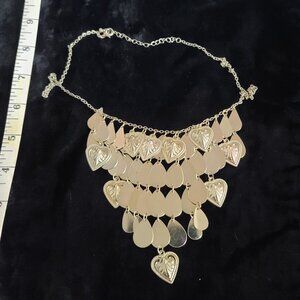 70s Boho Hearts Tears waterfall fringe bib necklace silvery shimmer danglers
